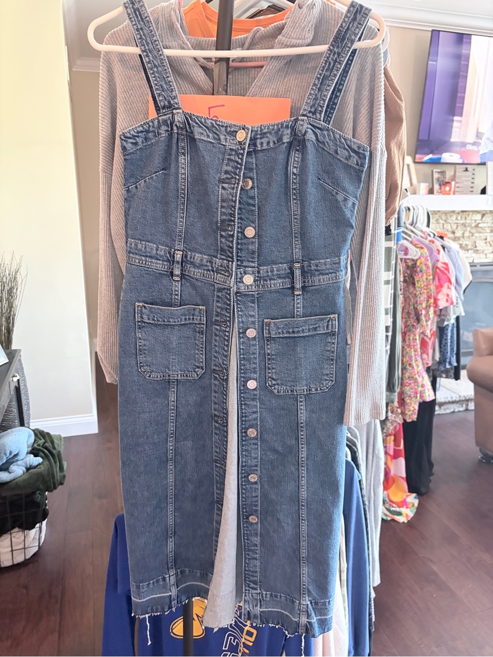 GAP Blue Button-Front Denim Midi Overall Dress